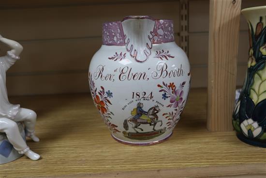 A George IV pottery lustre jug commemorating William of Orange, inscribed Rev. Eben. Booth, 1824, H 20cm